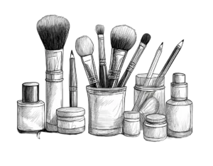 pinceles e instrumentos de maquillahe en blanco y negro. Ilustración